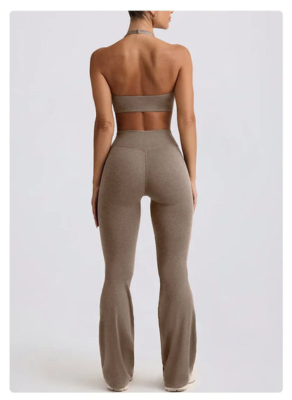 Women's Yoga Suits Camisole Backless Nude Beautiful Back Neck Hanging Bra Flared Pants Fitness Set