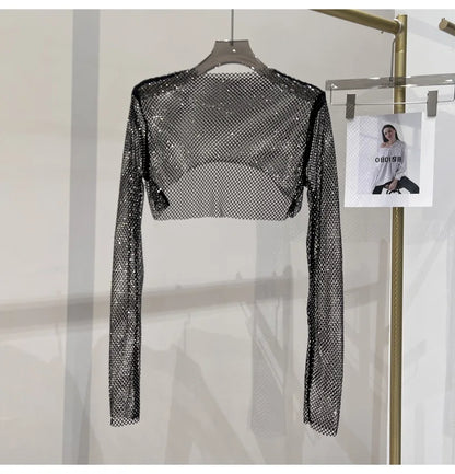 new sexy bright diamond short top Slim thin Ms. hot drill long-sleeved T-shirt sexy leak waist nightclub