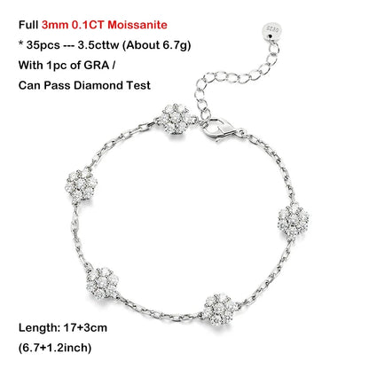 Flower GRA Certified Full 1.5/2.5/3mm D Color Moissanite Bracelet for Woman Men Silver 925 Diamond Hand Link Bracelets Gift