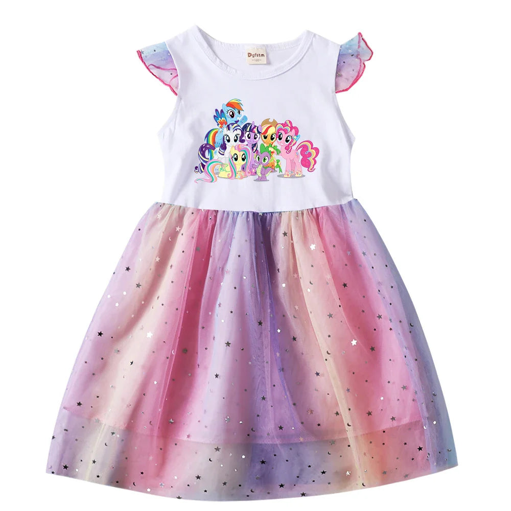 My Little Pony Baby Girls Dress Children Cartoon Mesh Star Sequins Princess Dress Kids Flying Sleeve Skirt For Daily Gift