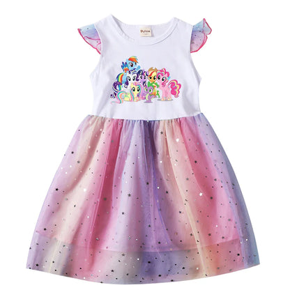 My Little Pony Baby Girls Dress Children Cartoon Mesh Star Sequins Princess Dress Kids Flying Sleeve Skirt For Daily Gift