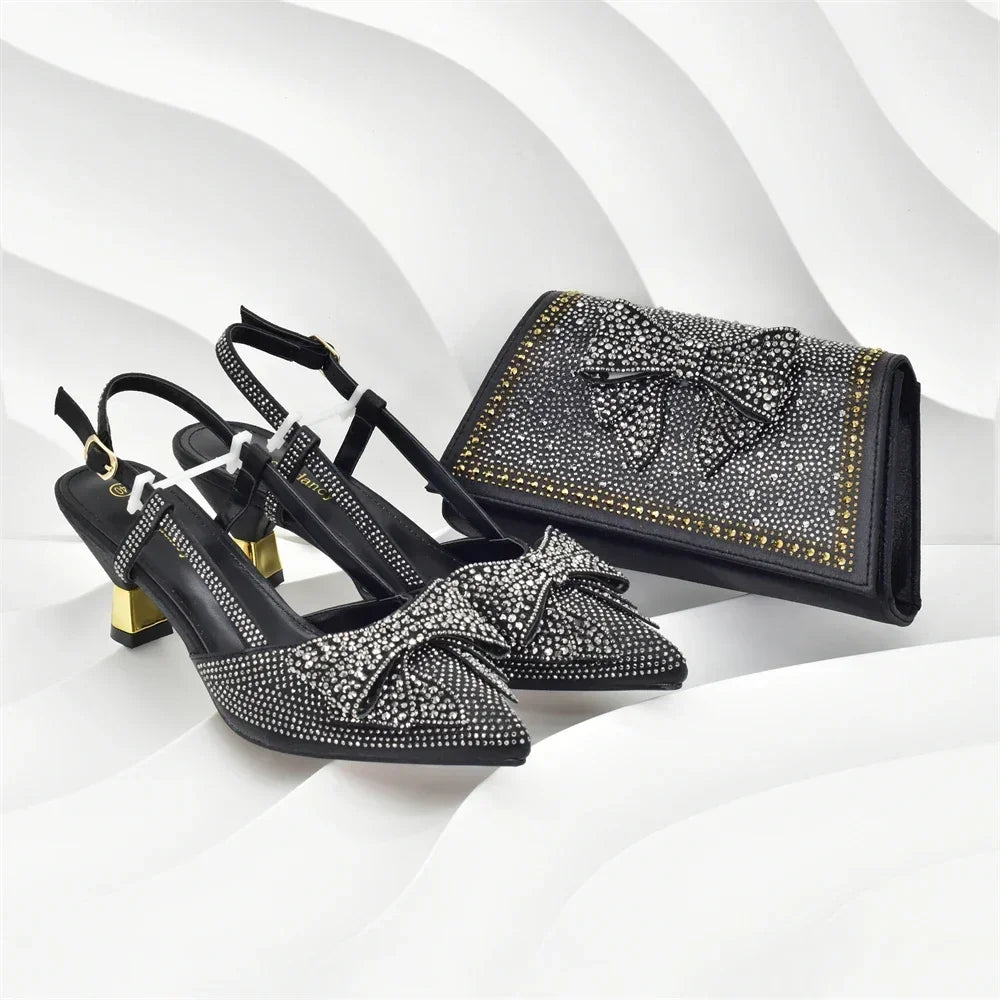 2026 Fashiona Banquet Exquisite Party Top Luxury Pointed Toe Bowtie Bright Diamond Summer Women's High Heels Shoes and Bags Set