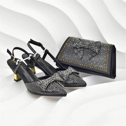 2026 Fashiona Banquet Exquisite Party Top Luxury Pointed Toe Bowtie Bright Diamond Summer Women's High Heels Shoes and Bags Set