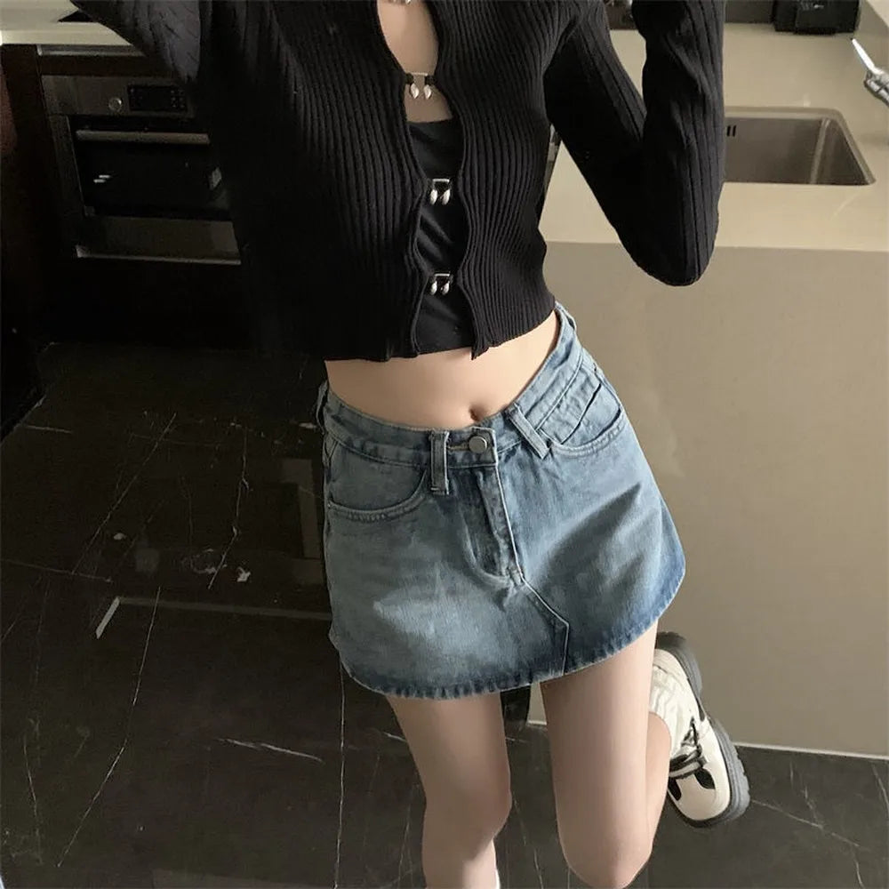 Summer High-Waisted Vintage Women Denim Short Skirt Small New Slim Sexy Korea Fashion Girl Cute Street A-line Mini Jeans Pants