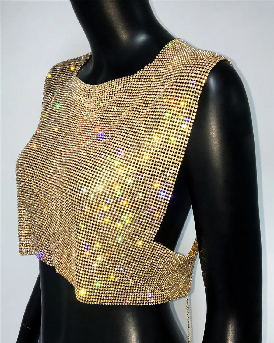 Shiny Rhinestone Sequins Crop Top Sexy Backless Round Neck Metal Tank Top For Women 2024 Fashion Nightclub Party Camisole
