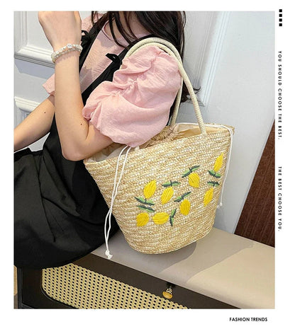 Embroidery Fruit Solid Color Shoulder Bag Straw Woven Hollow Versatile 2025 High Quality Bags for Women New Beach Handbags