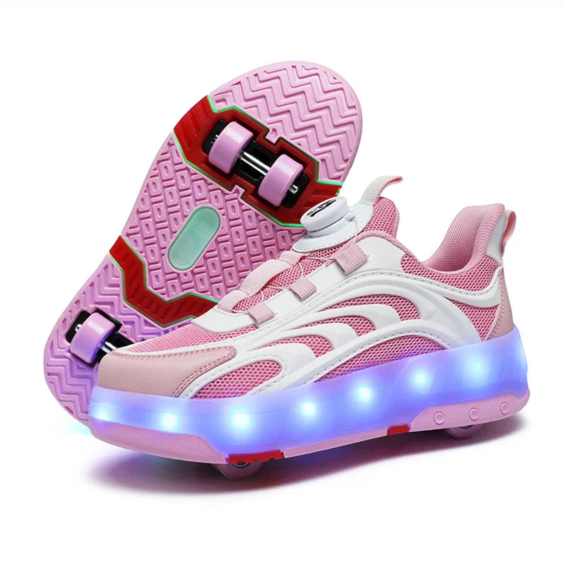 New Kids Wheels Roller Skate Shoes Boys Girls Swivel Buckle LED Light Luminous rechargeable Outdoor Children's Casual Sneakers