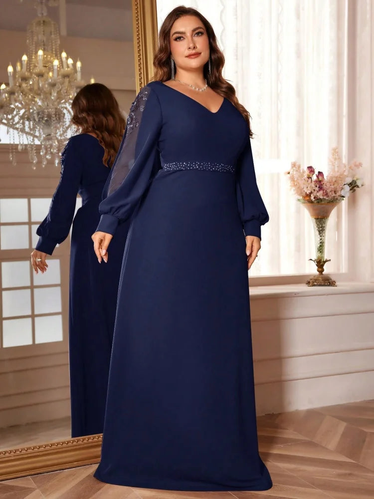 Plus Size Elegant Sequin Blue Evening Dress 2025 Women Formal Maxi Prom Long Sleeves Party Dress Luxury Cocktail Bridesmaid Gown