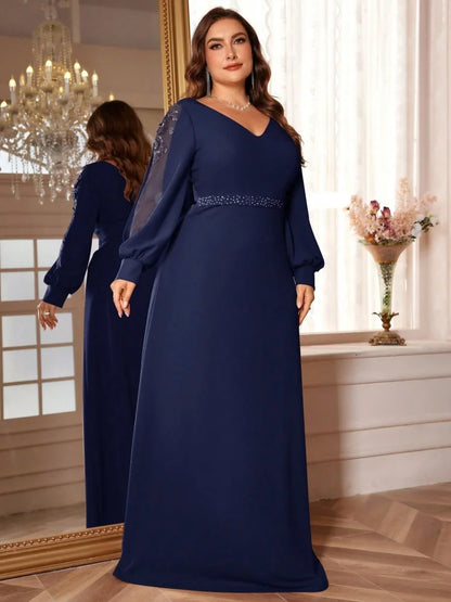 Plus Size Elegant Sequin Blue Evening Dress 2025 Women Formal Maxi Prom Long Sleeves Party Dress Luxury Cocktail Bridesmaid Gown