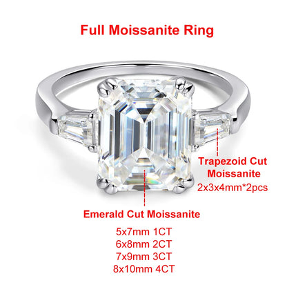 1-4 Carat Emerald Cut Moissanite Rings for Women D VVS1 Three Stone Diamond Engagement Ring Side Baguettes 925 Silver Jewelry