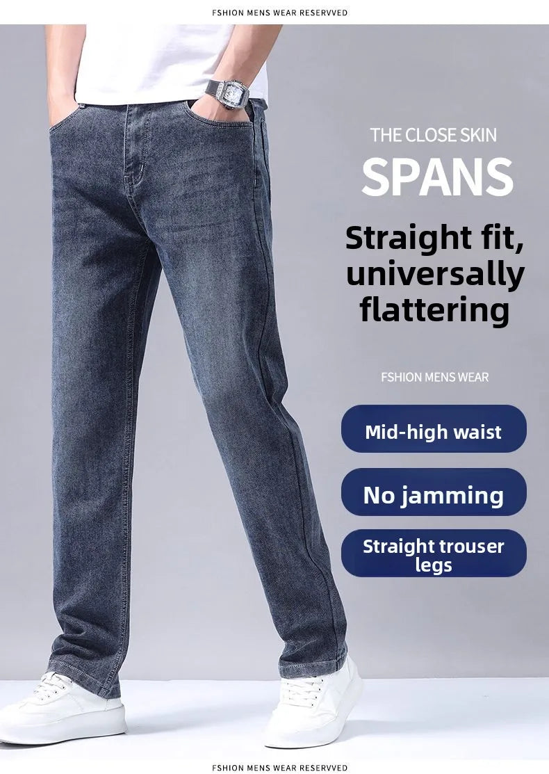 New Autumn Winter Mens Business Casual Jeans Straight Leg Fashion Denim Trousers Male Brand Clothing Slim Fit  Autumn and Winter