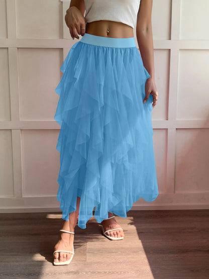 Medium waist chiffon long skirt for women, irregular layered pleated edge layered cake skirt, elegant fairy A-line skirt