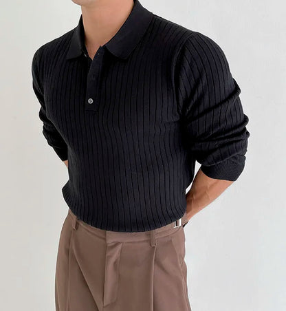 Striped Polo Shirt for Business and Casual Occasionsmen Breathable  Stretchy Slim  Knitted Pullover, Long-sleeve Sweater