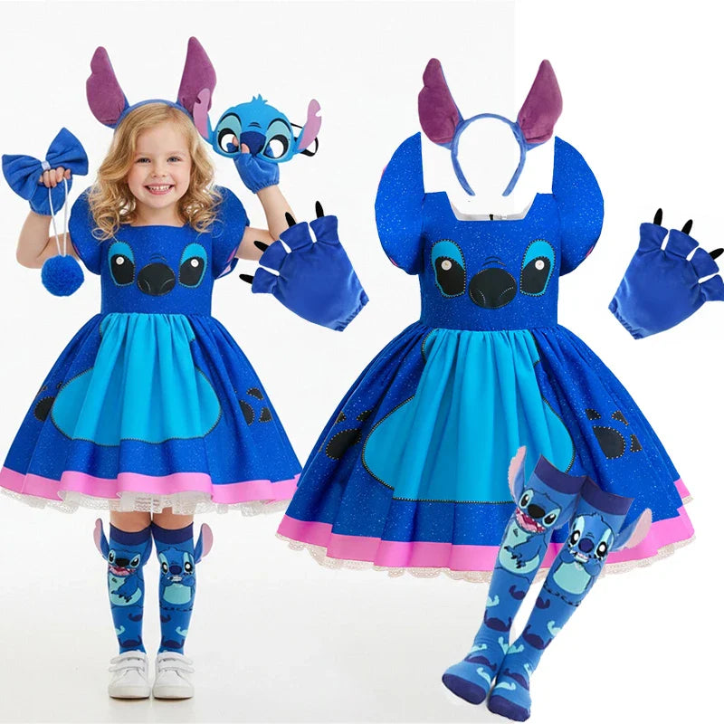 Girl's Dress Cartoon Stitch Movie Dress Cosplay Costume Stage Performance Halloween Carnival Children's Dress Up 12Yrs