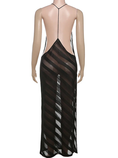 Summer Release Junior Ankle-Length Sexy High Street Dress Perspective Girl Solid Halter Slim Cleavage Backless Robe