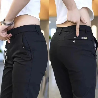 Summer Pants Ice Silk Men's Casual Simple Khaki Black Slim Straight Stretch Trousers Business Casual Male Clothing Pant