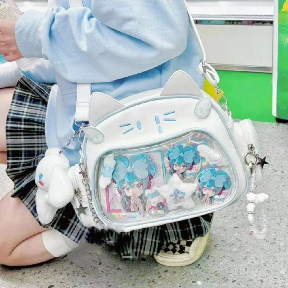 Korean Kawaii Cat Lolita Bag Cute PU Shoulder Bag Girls Transparent Pocket Harajuku Crossbody Bag Women's Fashion Backpacks
