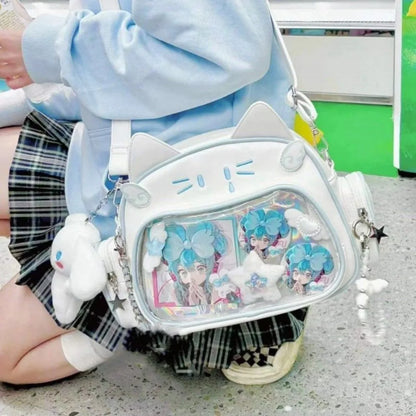 Korean Kawaii Cat Lolita Bag Cute PU Shoulder Bag Girls Transparent Pocket Harajuku Crossbody Bag Women's Fashion Backpacks