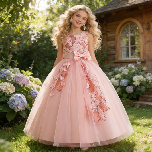 Elegant Party Bridesmaids Girls Dresses Summer Bow Flower Wedding Princess Prom Dress for Girl Tulle Evening Christmas Costumes