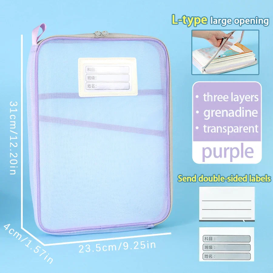 1 Pcs A4 Transparent File Subject Classification Thickened 5 Colors Mesh Simple Hand Storage Bag