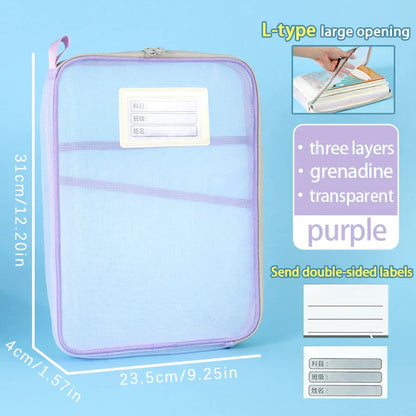 1 Pcs A4 Transparent File Subject Classification Thickened 5 Colors Mesh Simple Hand Storage Bag