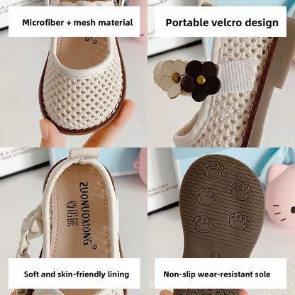 Girls Walking Shoes Lace Mesh Bows Kids Princess Shoes Non-slip Shiny Sequins 2025 New Children Flat Shoes Soft Sole Non-slip