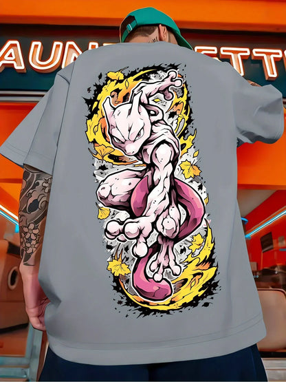 Animation Derivatives Mewtwo Printed Short Sleeve T-Shirt Men's and Women's 2025 Summer Fashion Casual Cotton Clothing