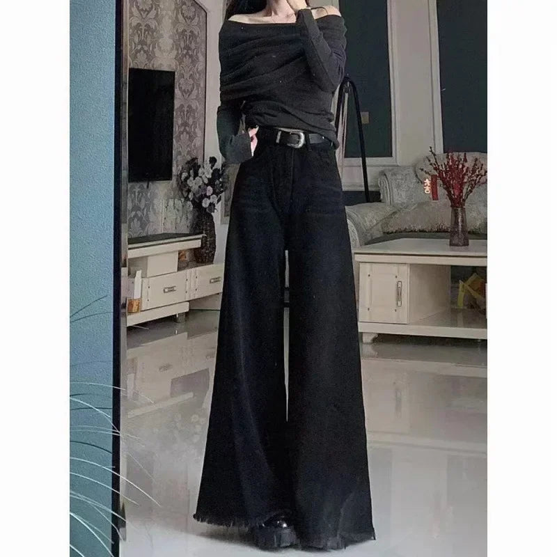 Loose-Fit Slimming Fringe Drag-Ground Micro-Flare Bottom Pants