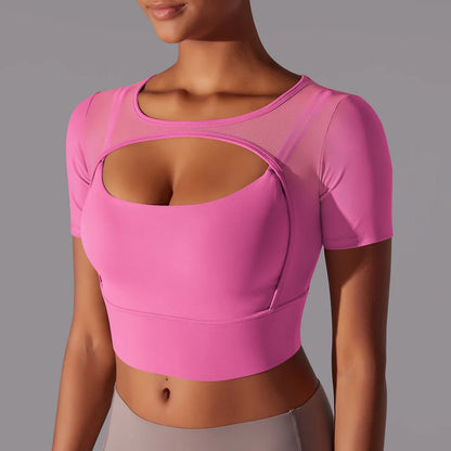 Women's Mesh Yoga Shirt Sexy Short Sleeve T-Shirt Sport Top Blouse Cover Up Quick Dry Gym Clothes Running Fitness Tank Sportwear