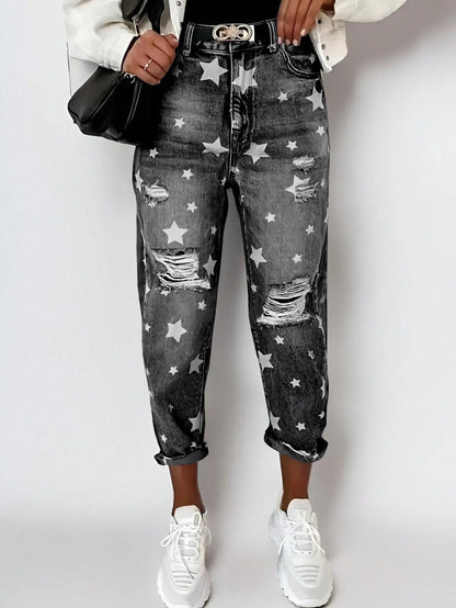 Jeans Denim Holes Ripped Washed Jean Ankle Length Straight Pants Women Spliced Pockets Loose Fit Casual 2025 Distressed