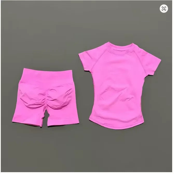DFDK Women 2PCS Seamless Sports Suit Short Sleeve Yoga Top High Waist Shorts Quick Dry Fitness Running Workout Sportswear Set