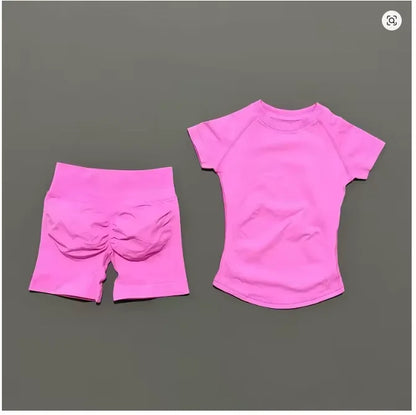 DFDK Women 2PCS Seamless Sports Suit Short Sleeve Yoga Top High Waist Shorts Quick Dry Fitness Running Workout Sportswear Set