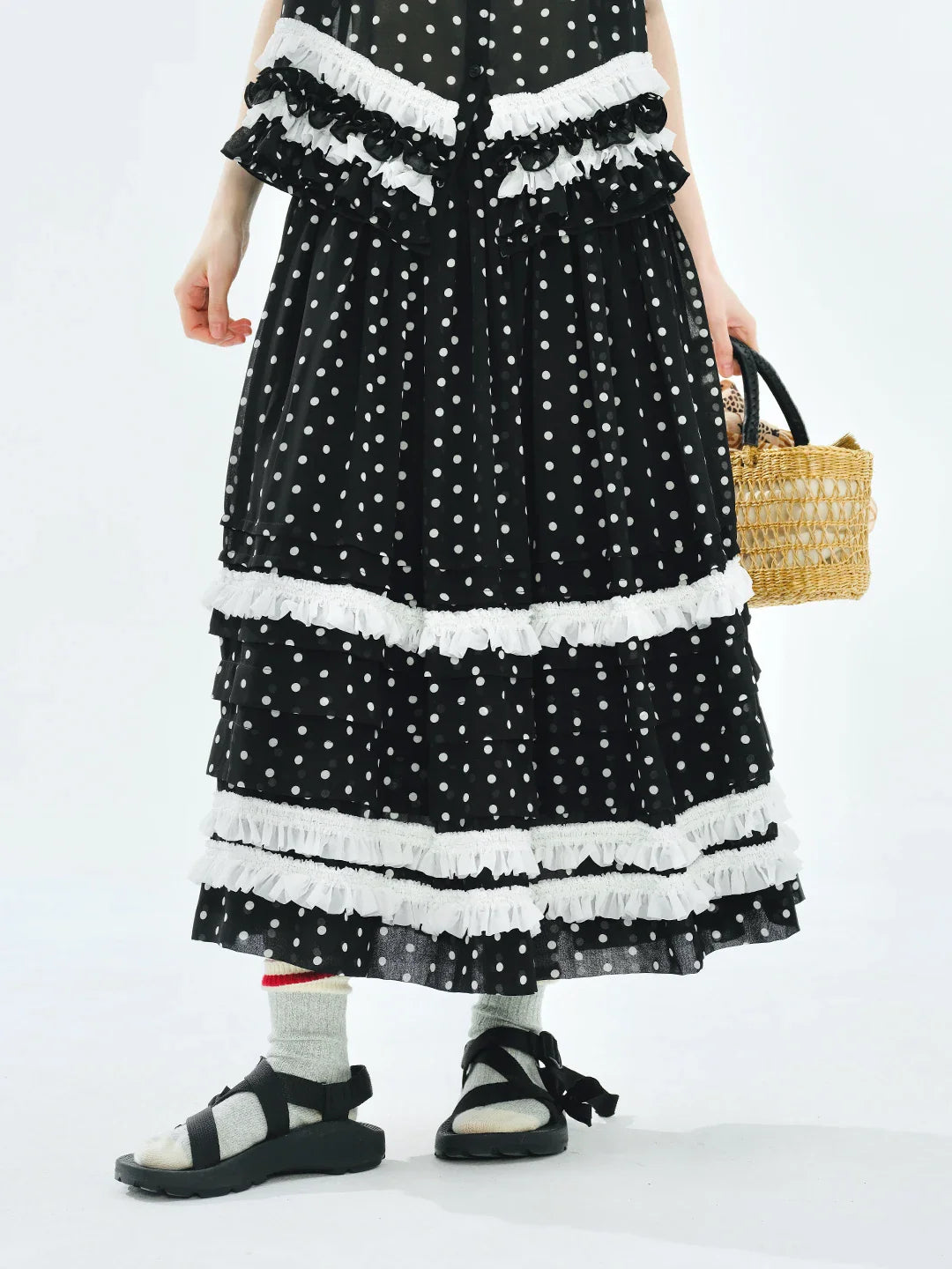 Women's Black Midi Skirt Elastic Waist White Polka Dots Tiered Ruffles Summer Essential Versatile Styling 255079