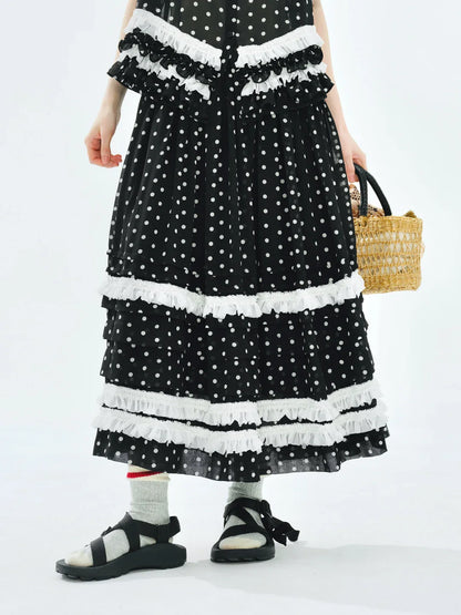 Women's Black Midi Skirt Elastic Waist White Polka Dots Tiered Ruffles Summer Essential Versatile Styling 255079