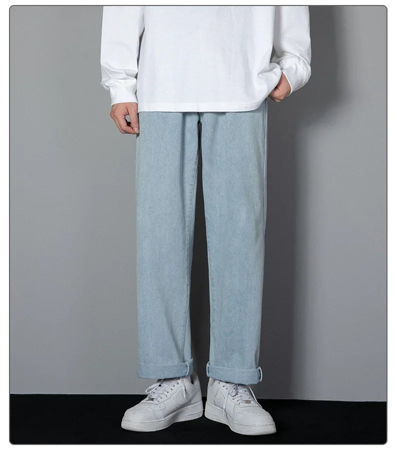 2026 New Korean Men's Casual Long Jeans Classic Man Straight Denim Wide-leg Pants Solid Color Light Blue Black 3XL Cargo Jean