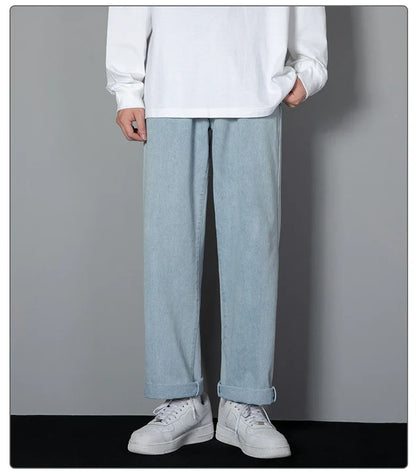 2026 New Korean Men's Casual Long Jeans Classic Man Straight Denim Wide-leg Pants Solid Color Light Blue Black 3XL Cargo Jean