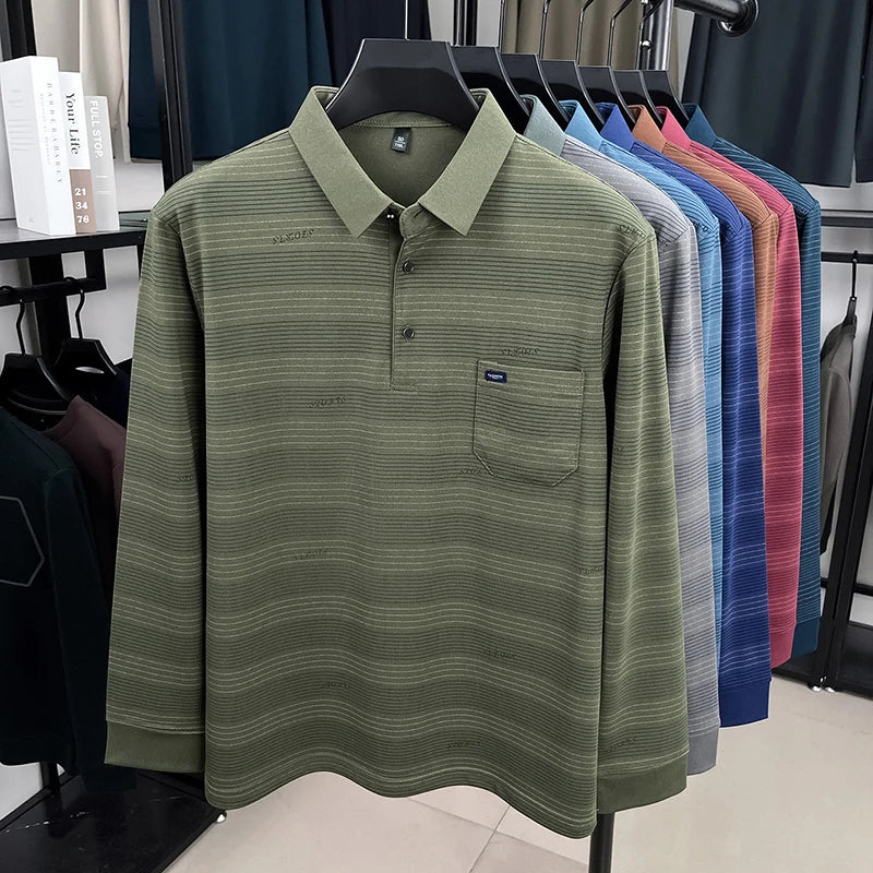 2025 long sleeved men's spring and autumn collar striped pullover top with loose pockets polo shirt
