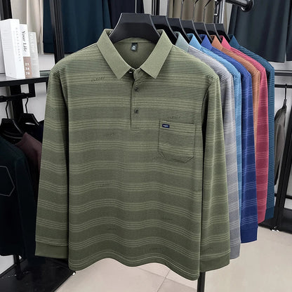 2025 long sleeved men's spring and autumn collar striped pullover top with loose pockets polo shirt