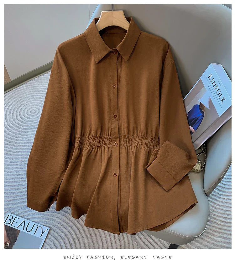 2026 Women's Plus Size Blouse Korean Style Spring Autumn Loose Elegant Casual Mid-length Tops Long Sleeved Waist Cinching Shirts