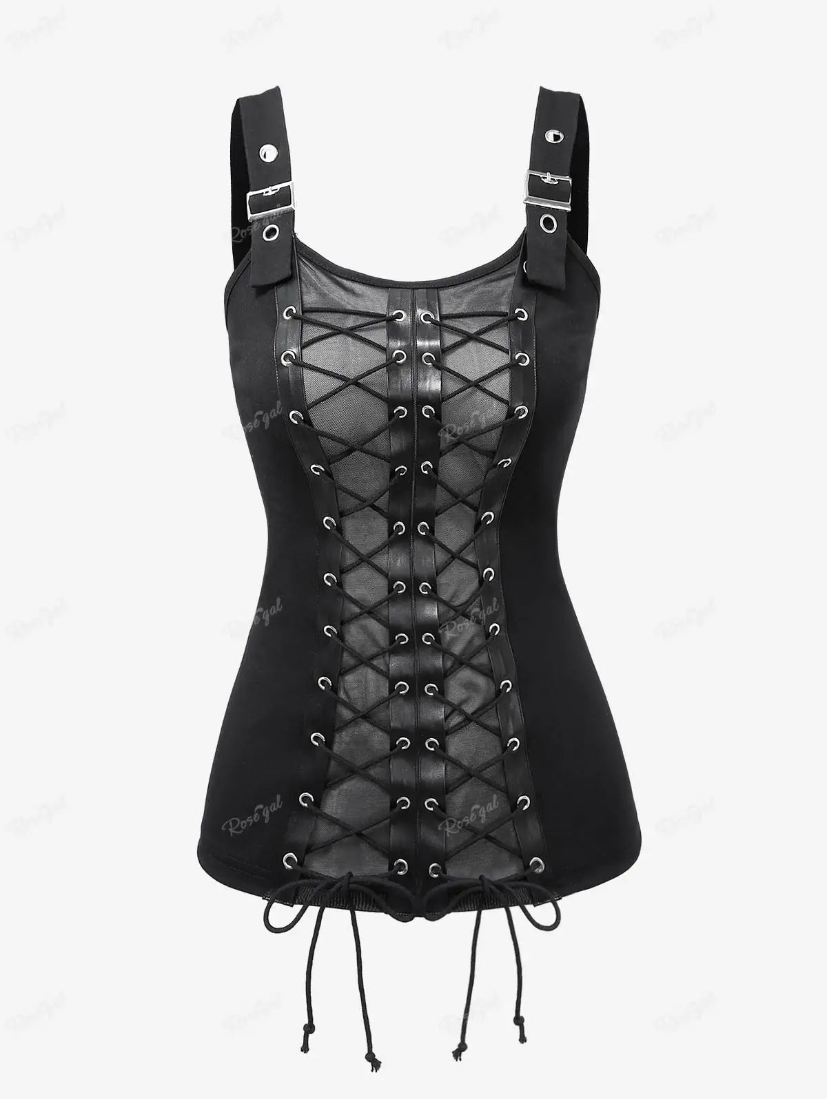Plus Size Women's Tops Gothic Mesh Lace Up Buckle Grommet Tank 2026 new Spring,Summer Black Backless Standard Vest