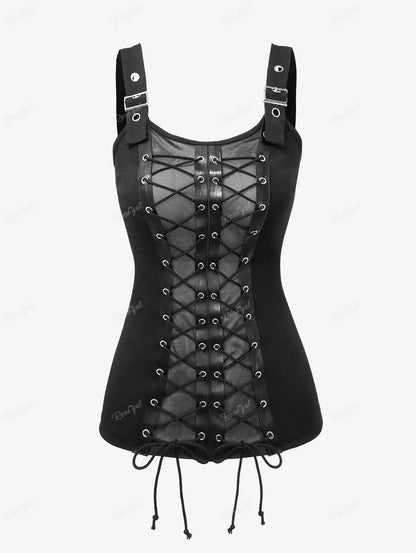 Plus Size Women's Tops Gothic Mesh Lace Up Buckle Grommet Tank 2026 new Spring,Summer Black Backless Standard Vest