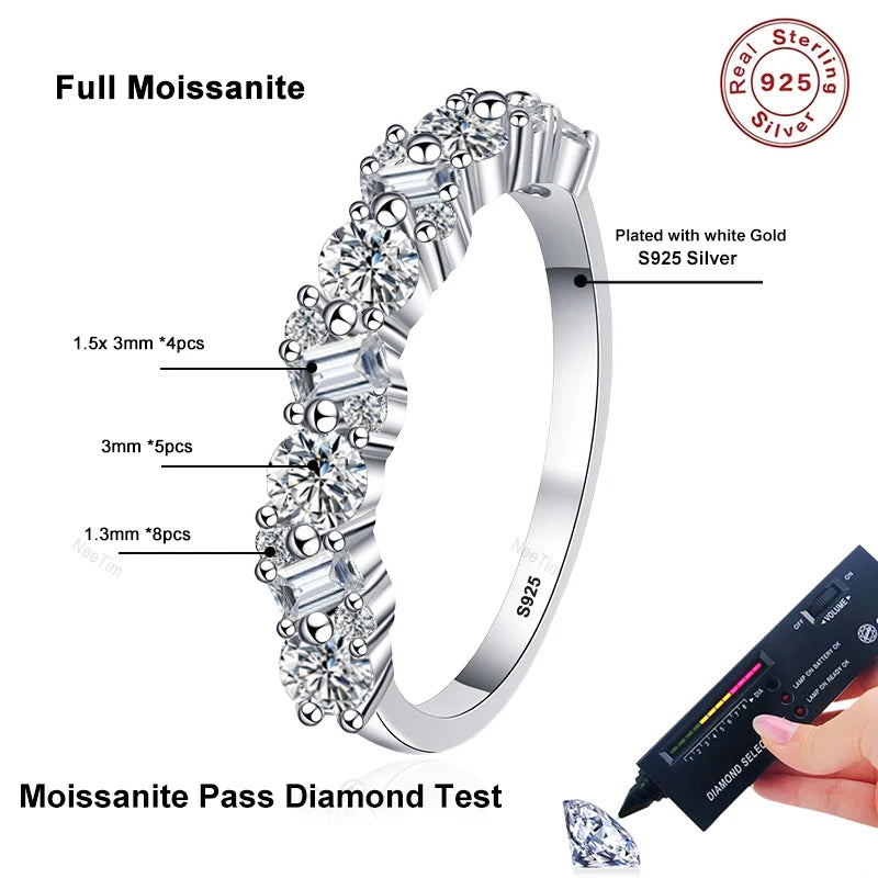 Emerald Cut Round Cut Full Moissanite Ring for Women Sparkling 925 Sterling Silver Lab Diamond Wedding Band Fine Jewelry