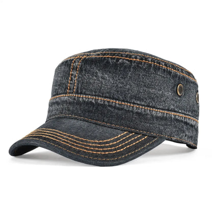 Denim Army Cap Men Washed Cotton Bucket Hat Spring Fall Headpiece Flat Top Adjustable Peaked Visor Hats Trucker Hats