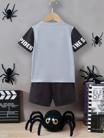 Trendy and Cool Spider Print Comfortable Versatile Casual Summer Boys' Round Neck Short Sleeve T-shirt and Shorts 2pcs Set for O