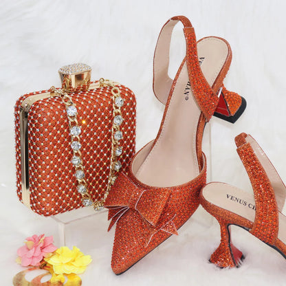 Bridal High Heels for Women 2023 Pointed Toe With Bows Gold Color Rhinestone  Elegant Party Wedding Shoe and Bag Set