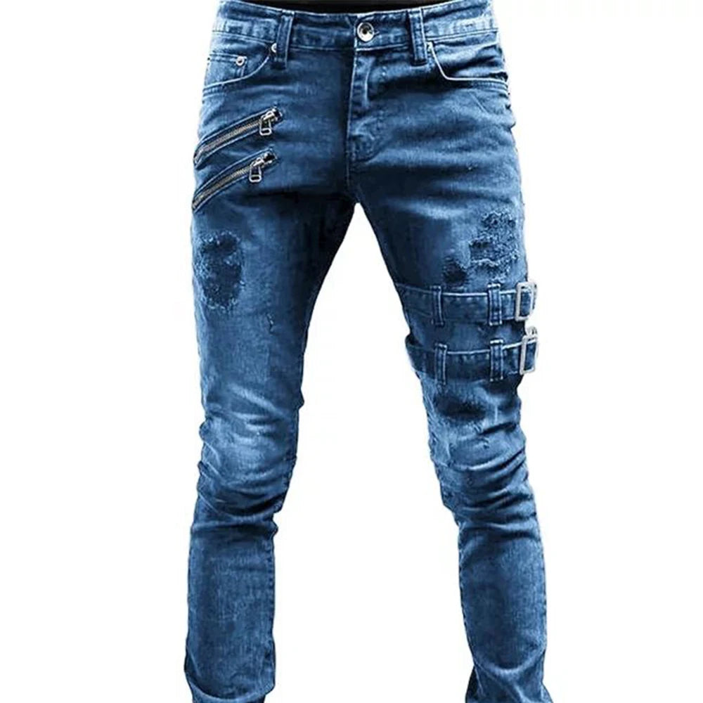 Men's Retro Moto Biker Straight Elastic Jeans Zipper Distress Hole Punk Skinny Denim Cargo Pants Streetwear Y2K Hombre Trousers