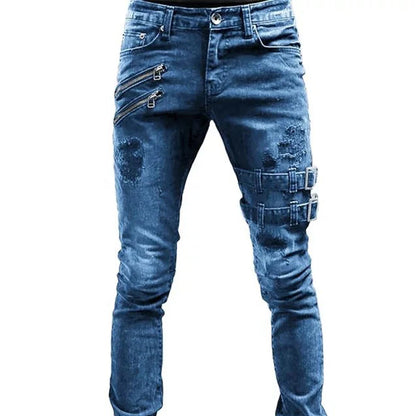 Men's Retro Moto Biker Straight Elastic Jeans Zipper Distress Hole Punk Skinny Denim Cargo Pants Streetwear Y2K Hombre Trousers