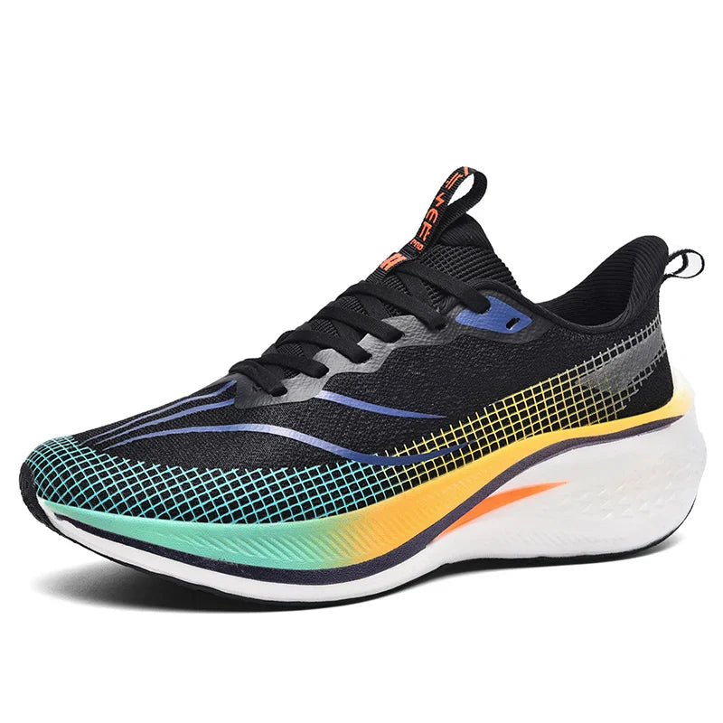 Sapatos de corrida esportivos casuais masculinos e femininos de moda com superfície de malha respirável, suporte de placa de carbono e sola de borracha resistente ao desgaste