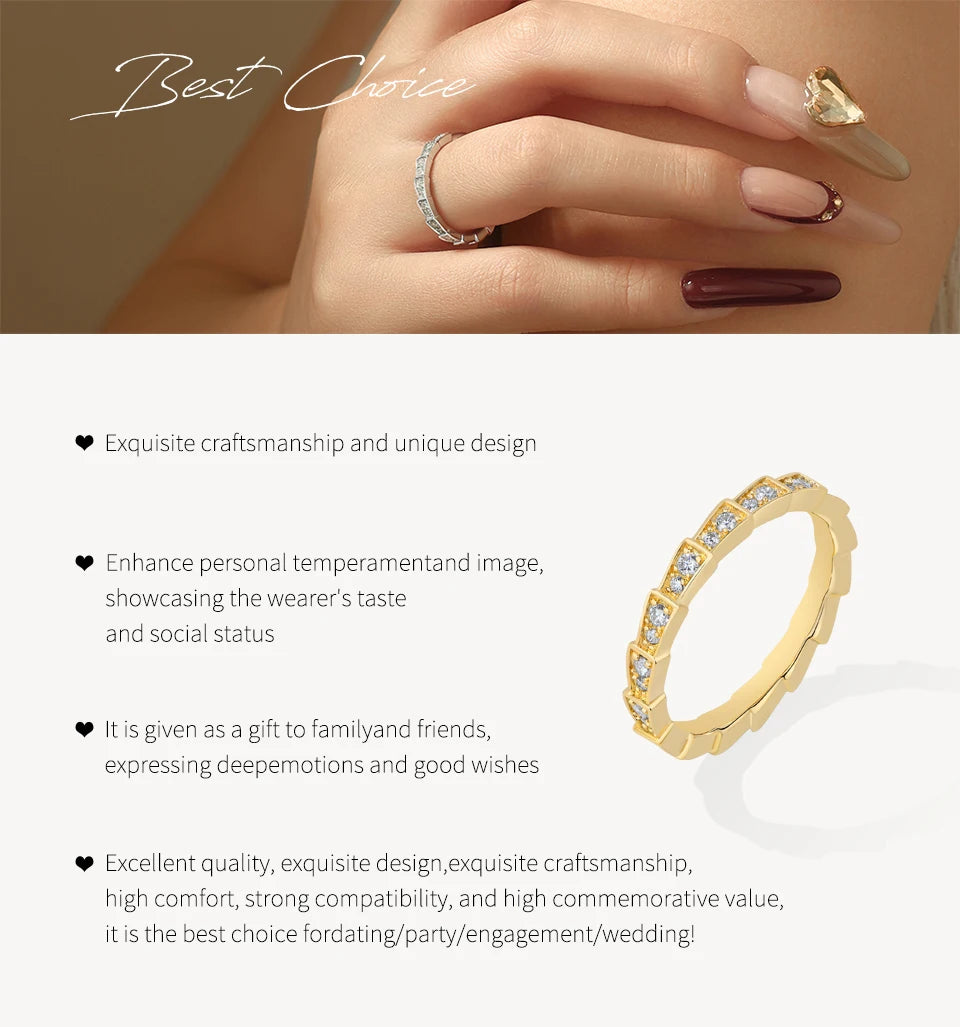 S925 Silver Snake Ring Pave Moissanite Wedding Eternity Band Stackable Luxury Fine Jewelry forWomen Pass Diamond Tester