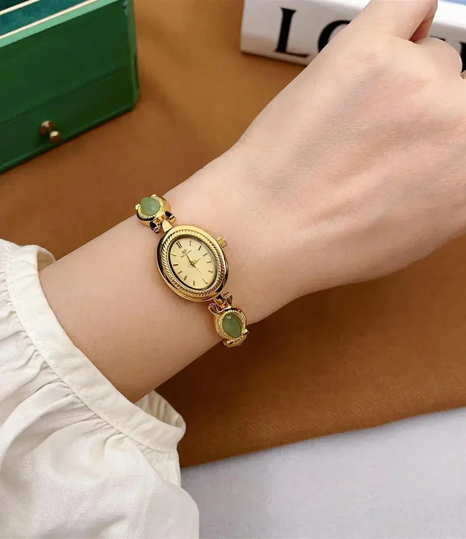 Women's Gold Watch Vintage Brown Jade Bracelet Small Dial Quartz Daily Wear Party Clock Luxury Waterproof Ladies Watches Gifts